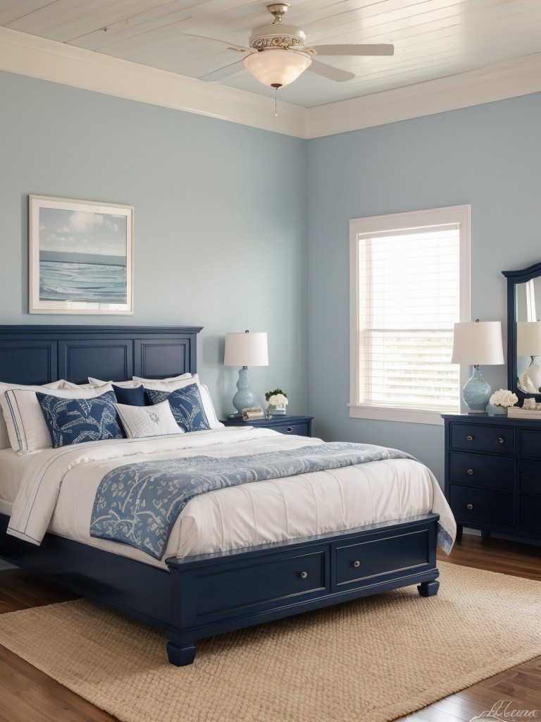 Coastal-inspired bedroom with navy decor accents