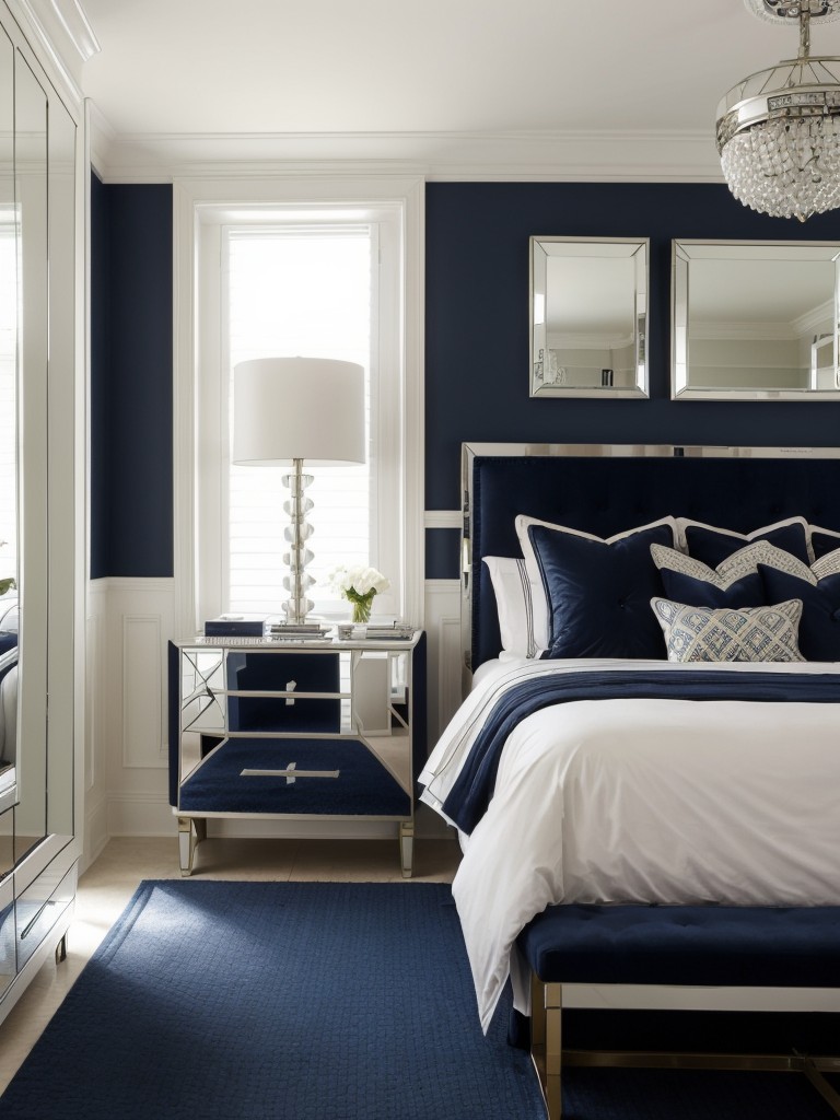 Chic Art Deco Bedroom: Navy Accents & Mirrors for Elegance