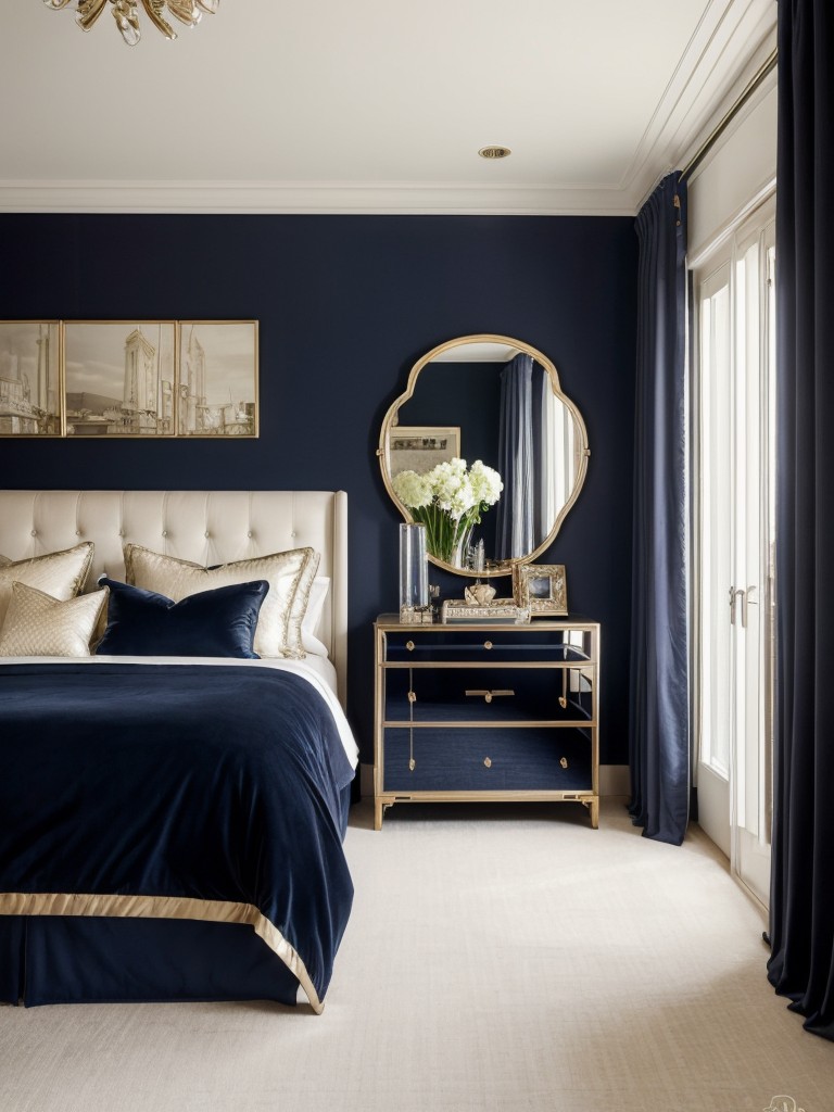 Navy Bedroom Glam: Expand Space with Oversized Mirrors!