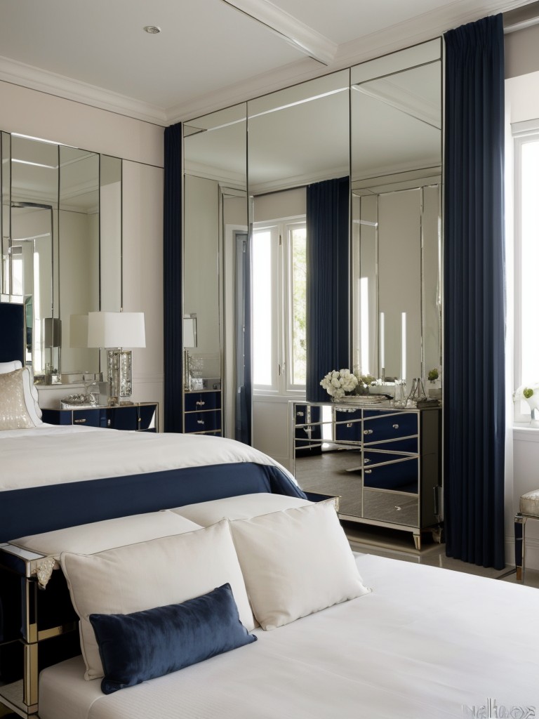 Chic Navy Bedroom: Create a Luxurious Escape with Mirrored Furniture!