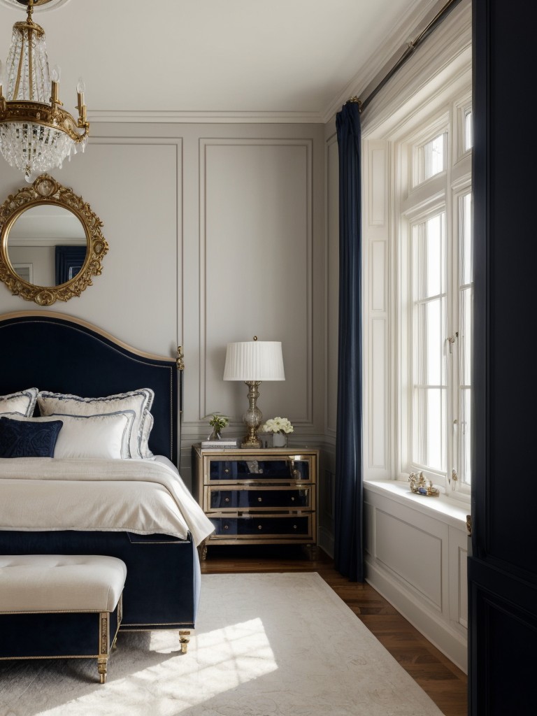 Luxury Navy Bedroom Decor: Elegant Mirrors & Art for Glamorous Vibes