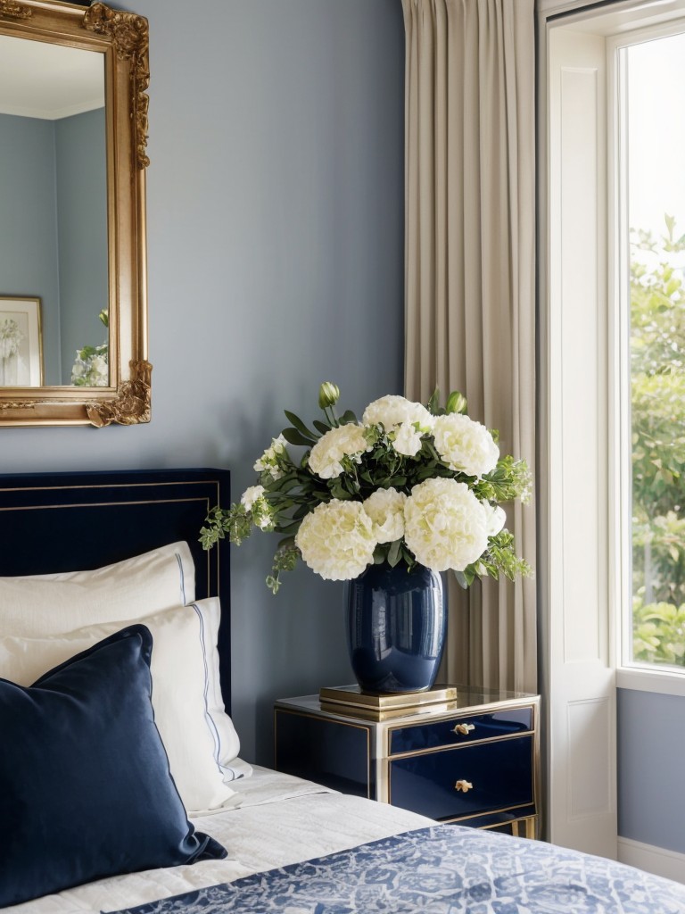 Luxe Navy Bedroom: Glamorous Retreat with Fresh Greenery