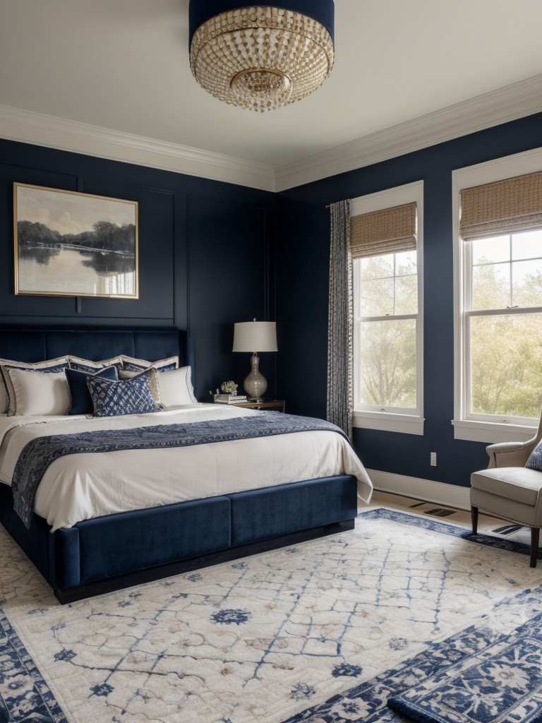 Chic Navy Bedroom Vibes: Layered Rugs for Depth & Warmth!