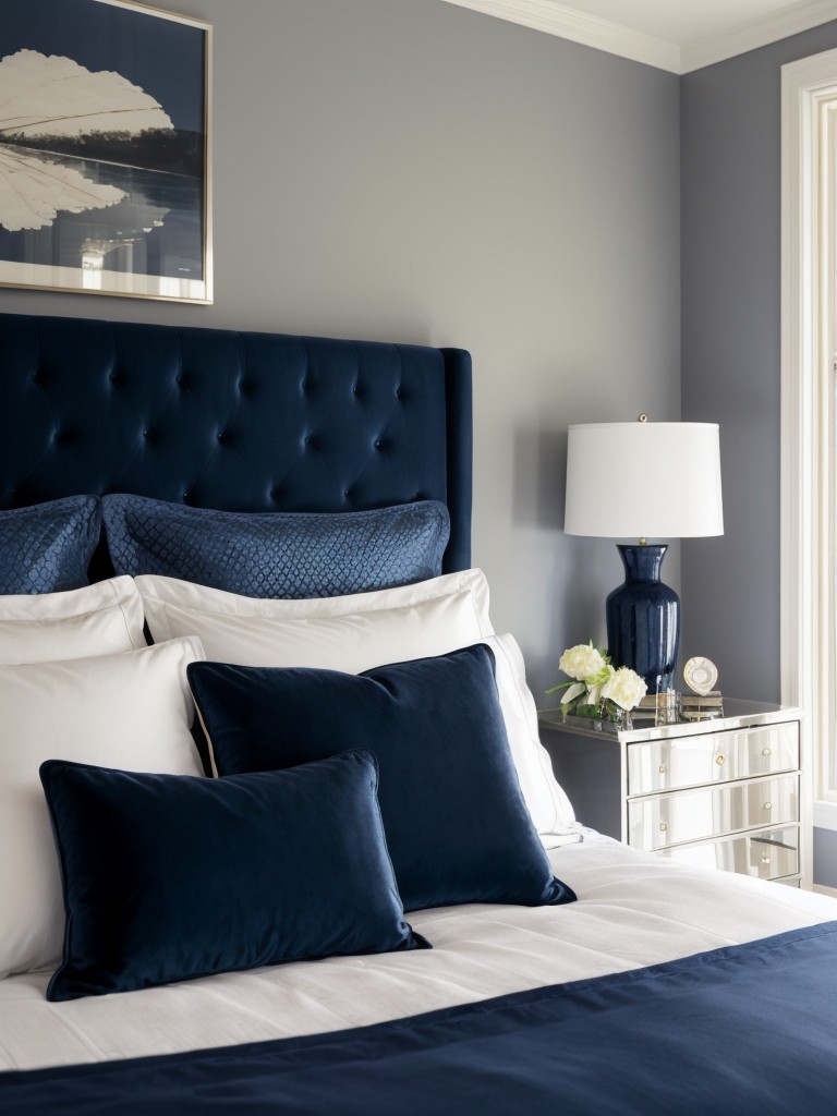 Indulge in Luxurious Navy Bedroom Escape with Glamorous Ideas!