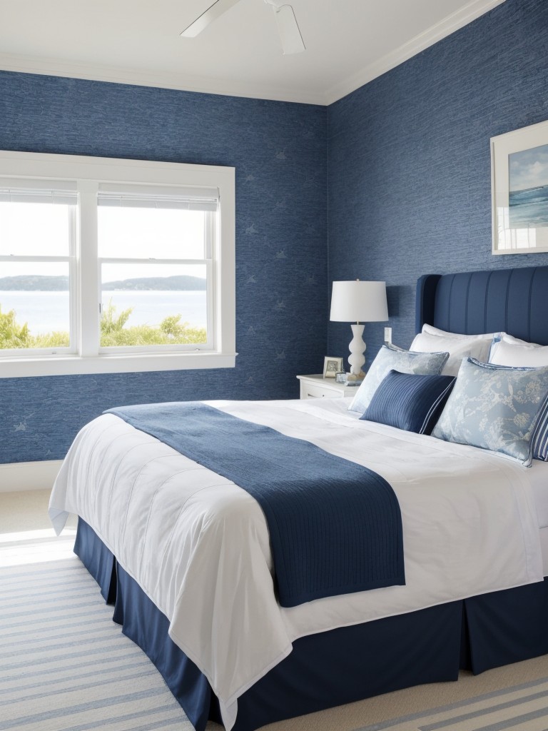 Coastal Vibes: Navy Striped Wallpaper for a Relaxing Bedroom Retreat.