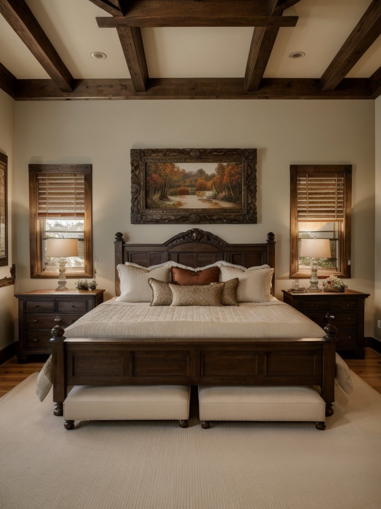 Traditional bedroom decor: Embrace carved wood accents and antique-inspired frames!