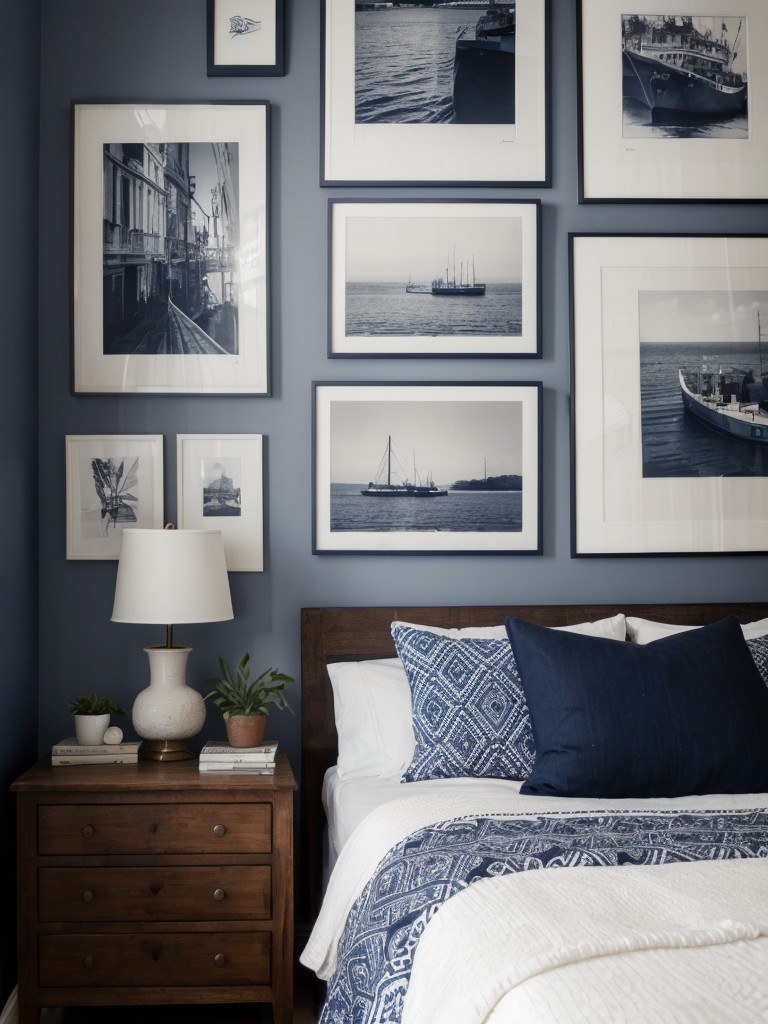 Navy-Themed Gallery Wall: Bohemian Chic Bedroom Decor Idea