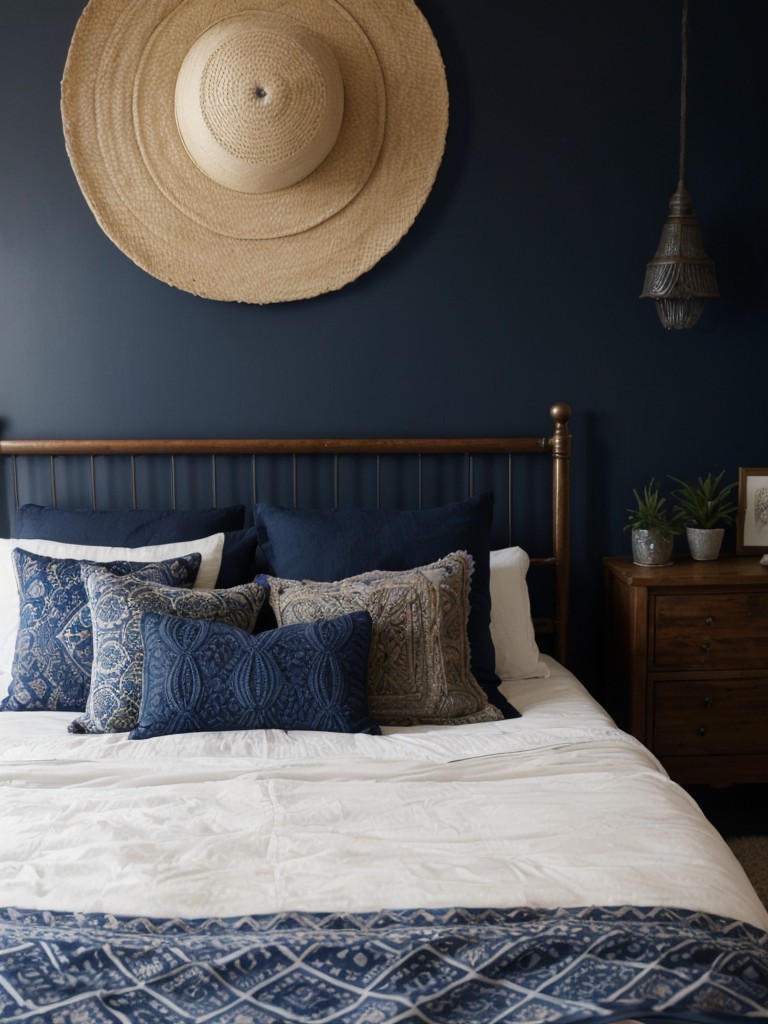 Laid-back Navy Bedroom Decor: Embrace Bohemian Chic Vibe.