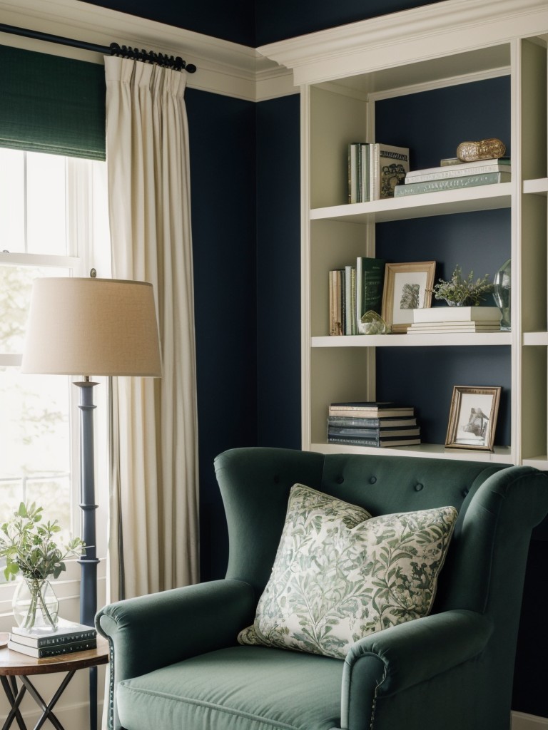 Cozy Bedroom Nook: Navy and Green Decor Inspiration