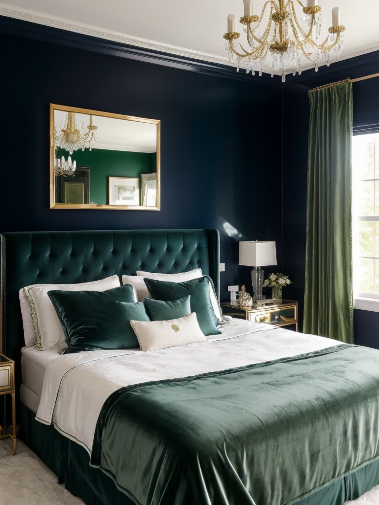 Glamorous Hollywood-Inspired Bedroom: Navy and Green Decor Ideas