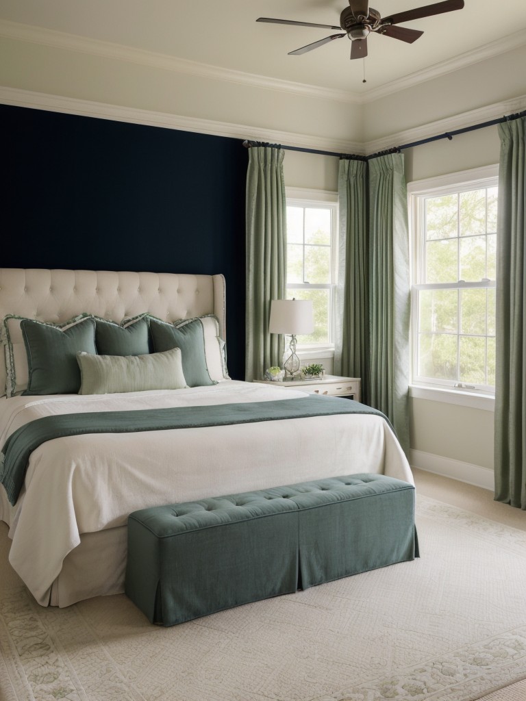 Chic Navy and Green Bedroom: Timeless Elegance for Your Apartment