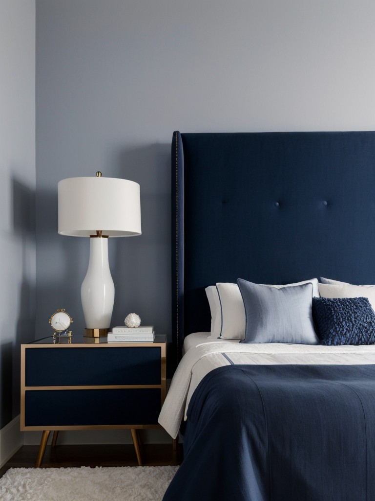 Whimsical Navy Bedroom Decor: Sleek Monochromatic Style