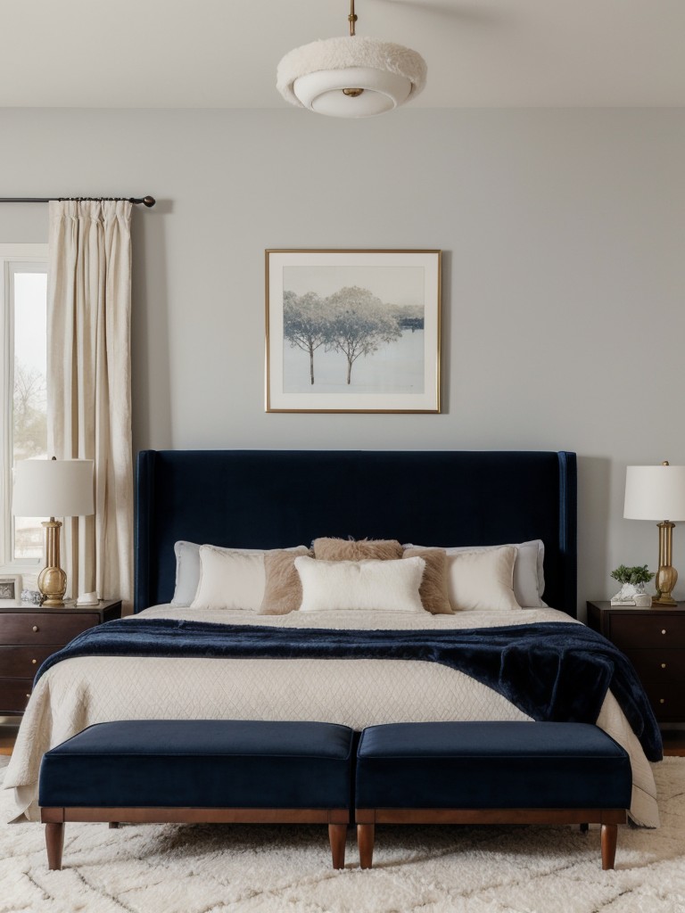 Playful navy bedroom decor: cozy, luxurious, whimsical vibes.