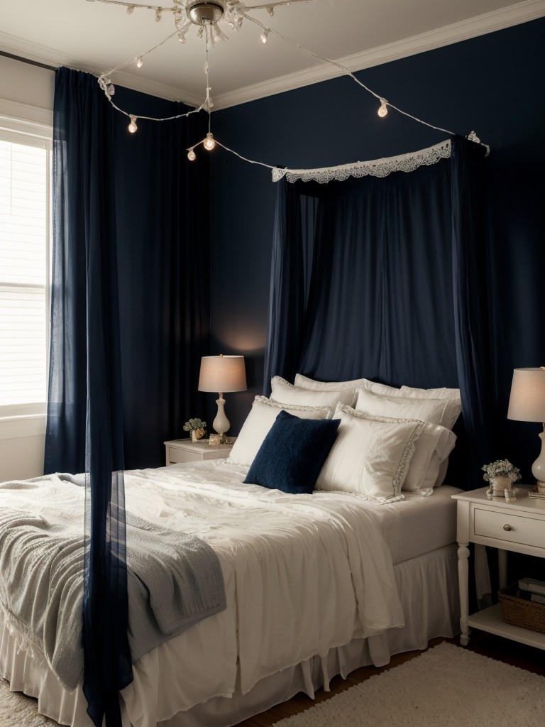 Magical Navy Bedroom: Sheer Curtains and Twinkling Lights