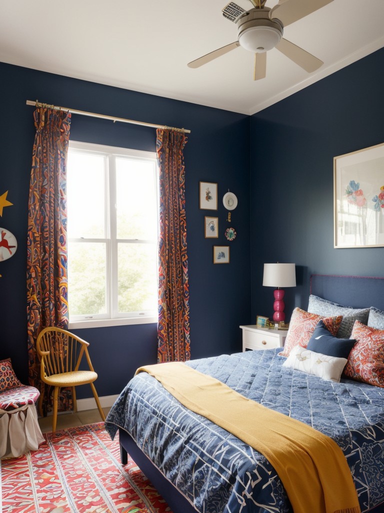 Playfully Chic Apartment: Vibrant Navy Bedroom Decor