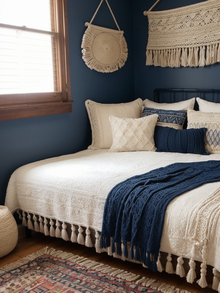 Navy Bedroom Decor: Boho vibes with macrame, pillows, and a Moroccan rug!