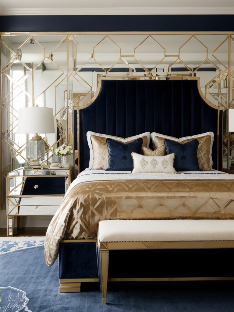 Playful Navy Bedroom Decor: Geometric Patterns and Glam Touches