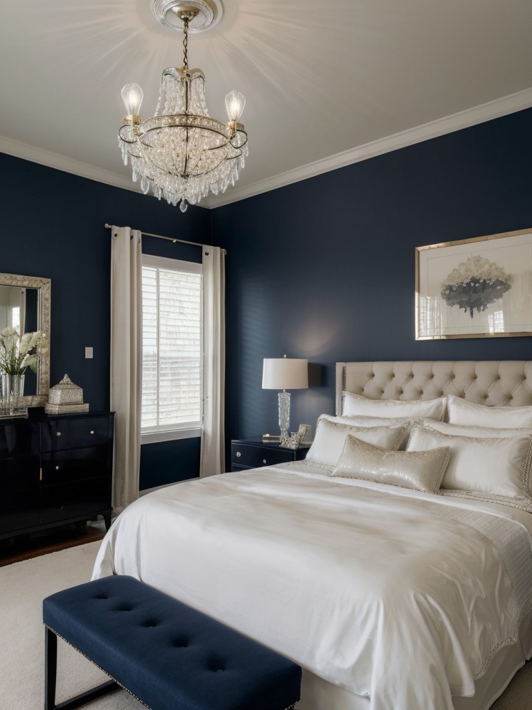 Glamorous Navy Bedroom Decor: Add Chandeliers for a Touch of Sophistication.