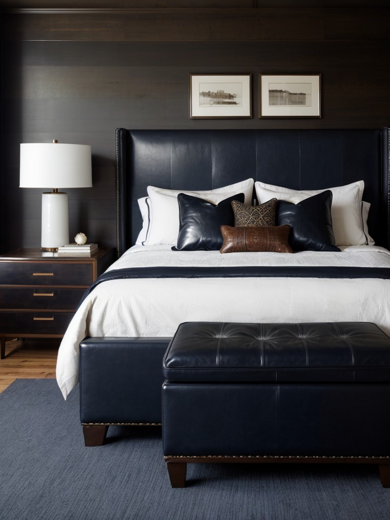 Refined and Masculine: Navy Bedroom with Dark Leather Accents