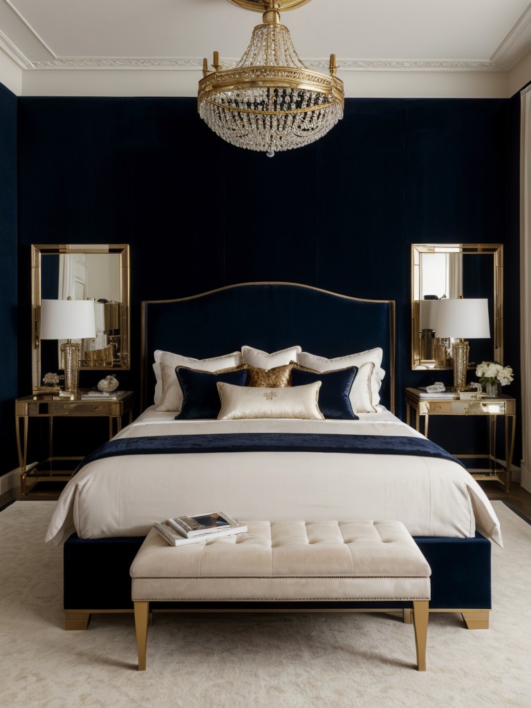 Opulent Navy Bedroom Decor: Elevate your space with luxurious velvet accents!