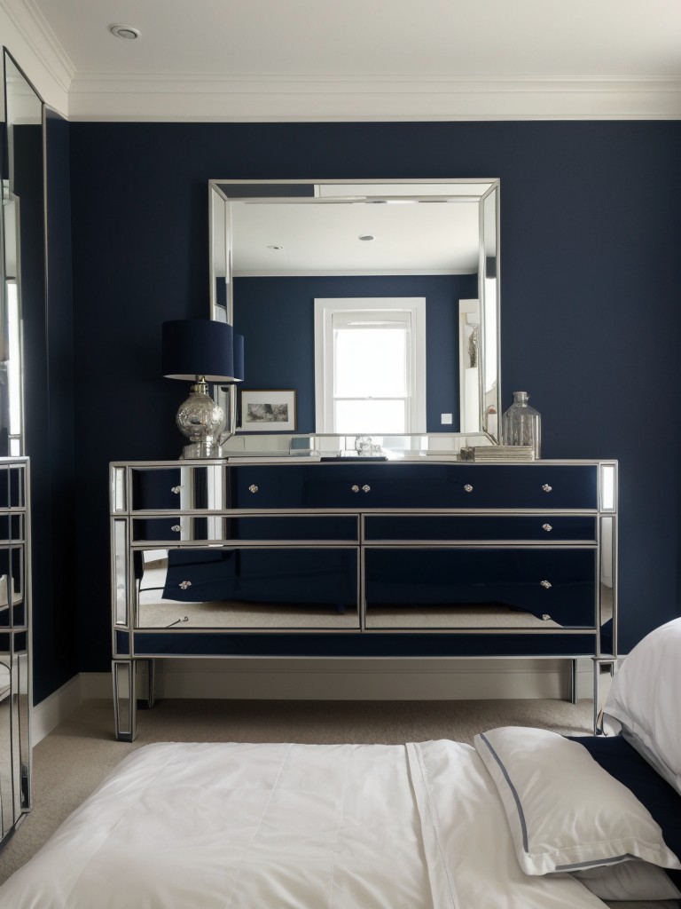 Glam-up your bedroom with navy decor and mirrored furniture!