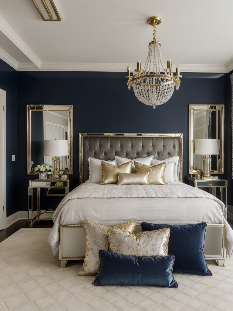 Glam up your apartment with navy and metallic accents for a stunning bedroom decor!