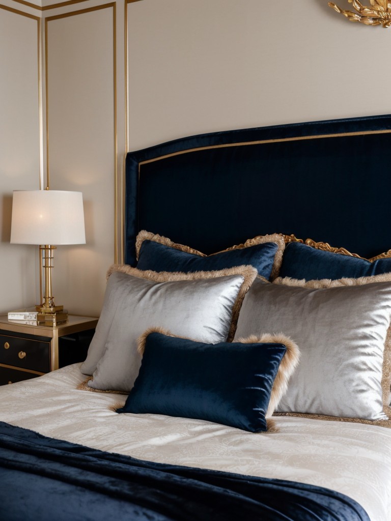 Luxurious Navy & Metallic Apartment Decor: Plush Velvet & Satin Bedrooms