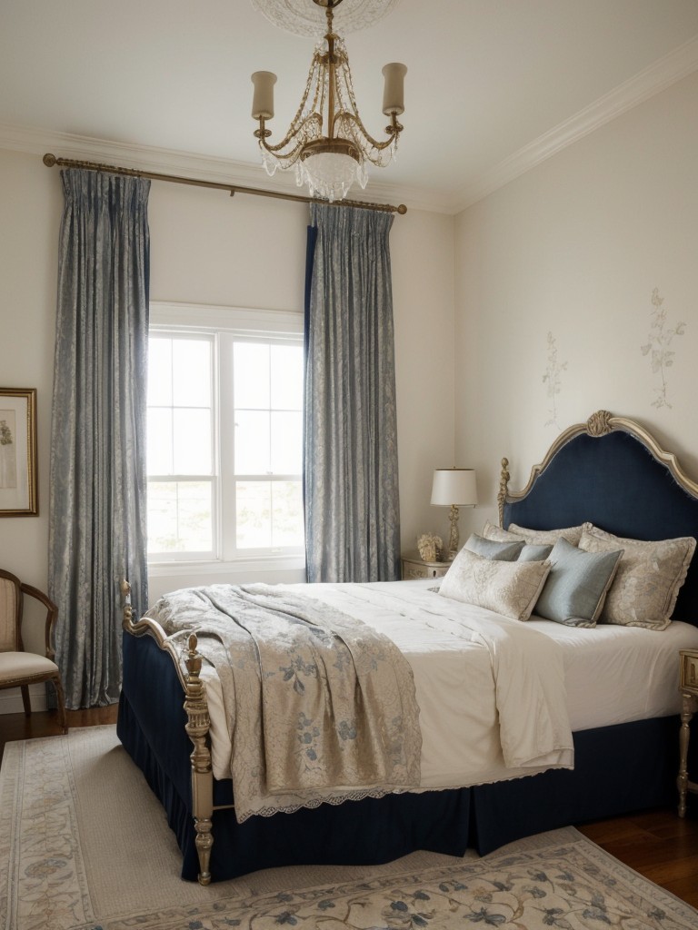 Vintage-inspired bedroom decor: Navy & metallics for a romantic touch!