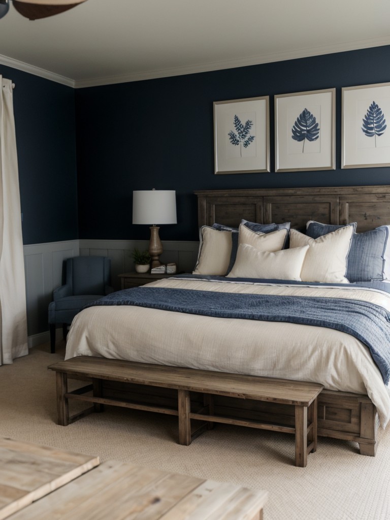 Farmhouse Chic: Elevate Your Bedroom with Navy and Neutral Decor!