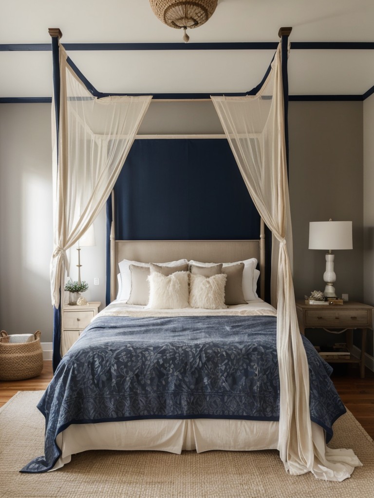 Boho Chic Canopy Bed: Create a Dreamy Bedroom with Navy and Neutral Tones!