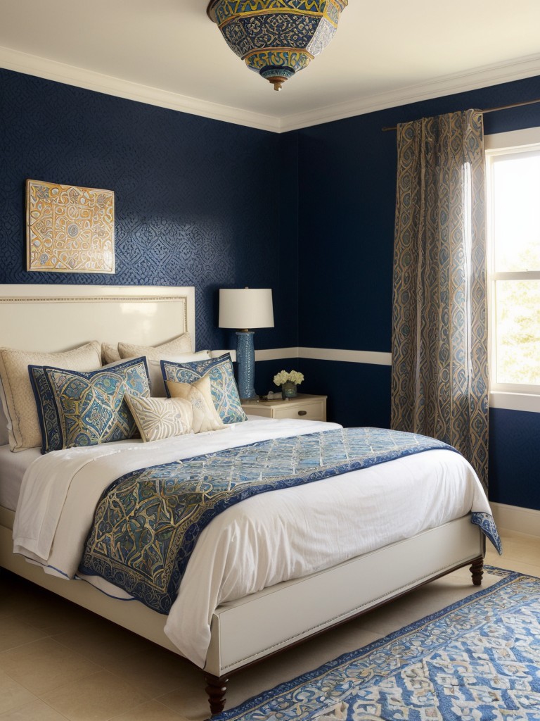 Create a Moroccan-inspired oasis with vibrant navy and neutral decor!