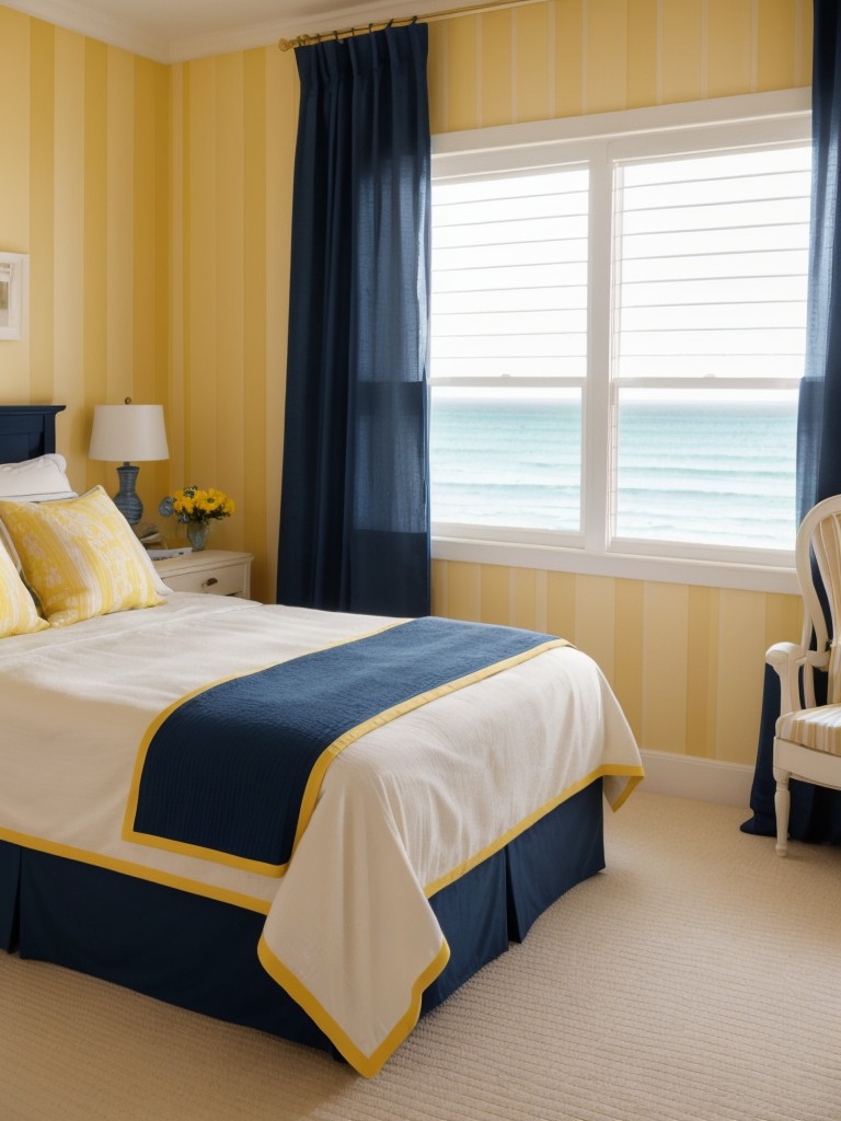 Seaside-Inspired Bedroom: Vibrant Navy & Yellow Decor