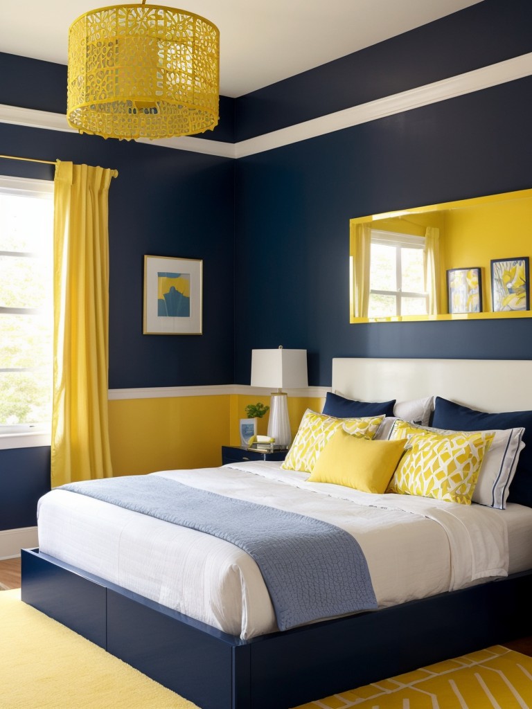 Bold and Chic Apartment Bedroom: Navy and Yellow Décor