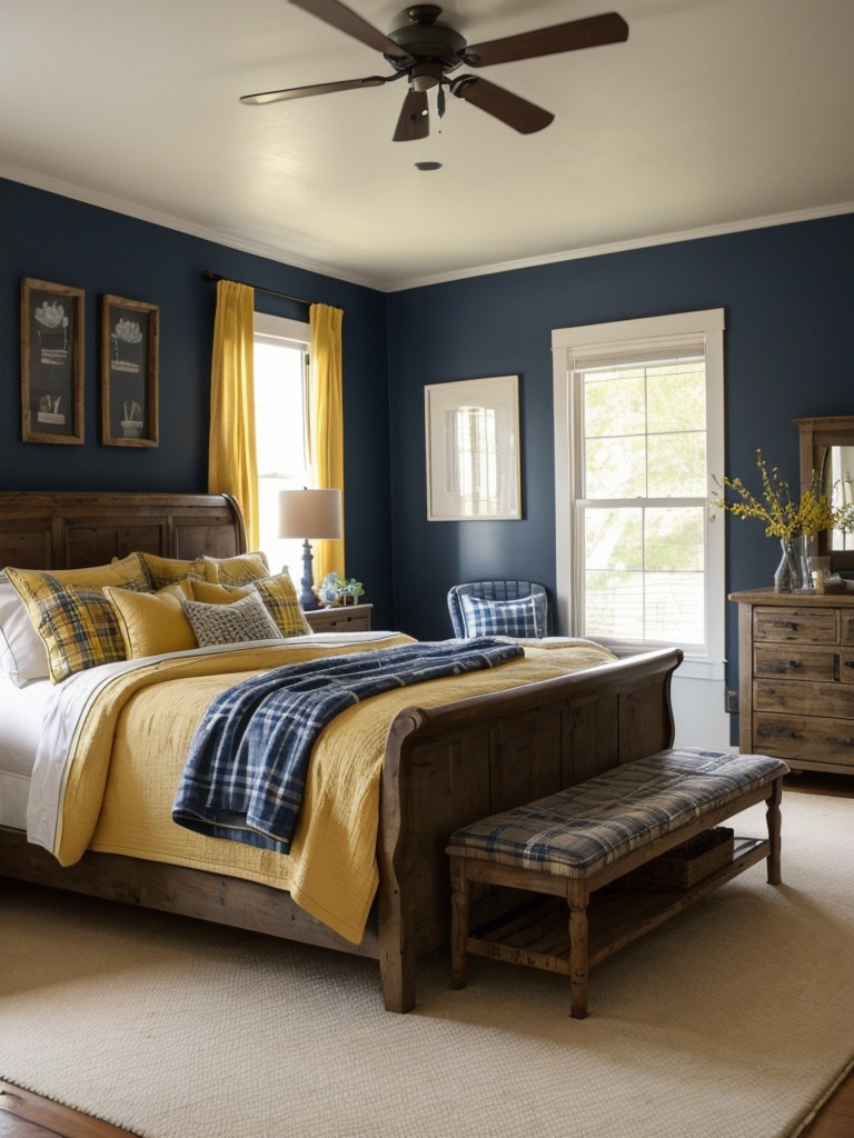 Cozy farmhouse bedroom: Navy and yellow vibes!