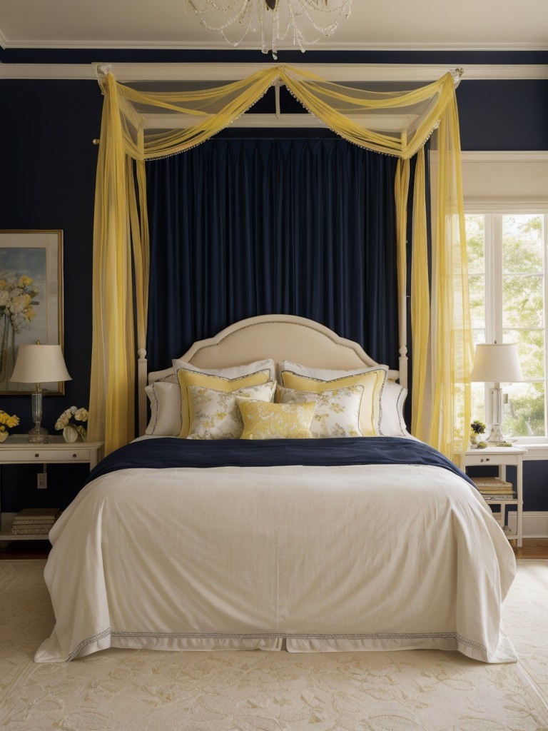 Romantic Navy & Yellow Bedroom: Canopy Beds, Sheer Curtains & Roses!