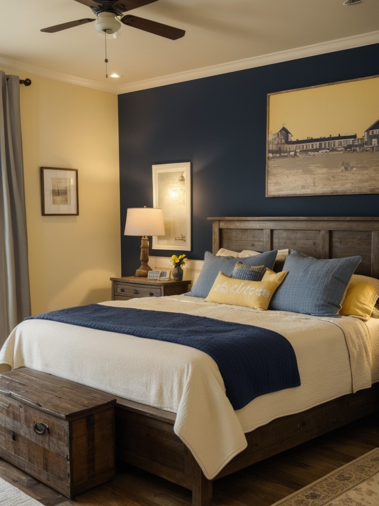 Cozy Farmhouse Vibes: Navy and Yellow Bedroom Décor