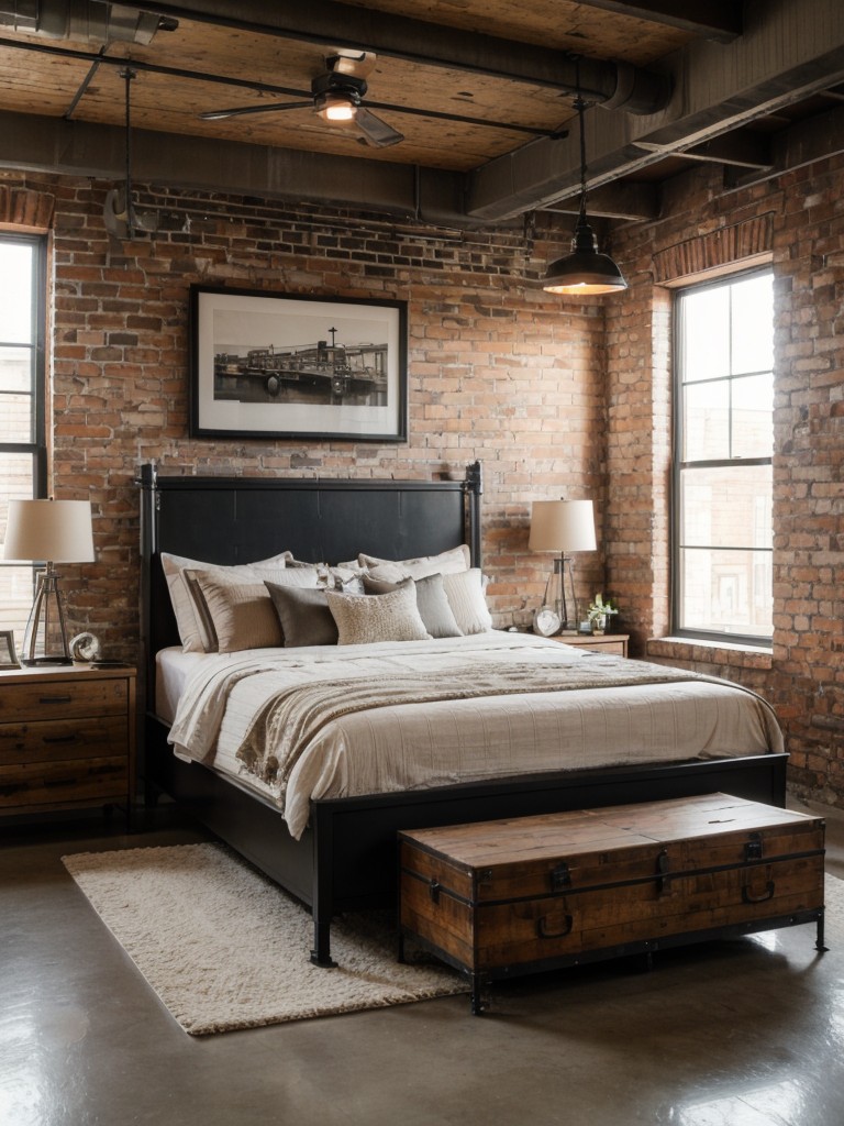 Urban Industrial Bedroom: Exposed Brick, Metal Accents, and Reclaimed Wood