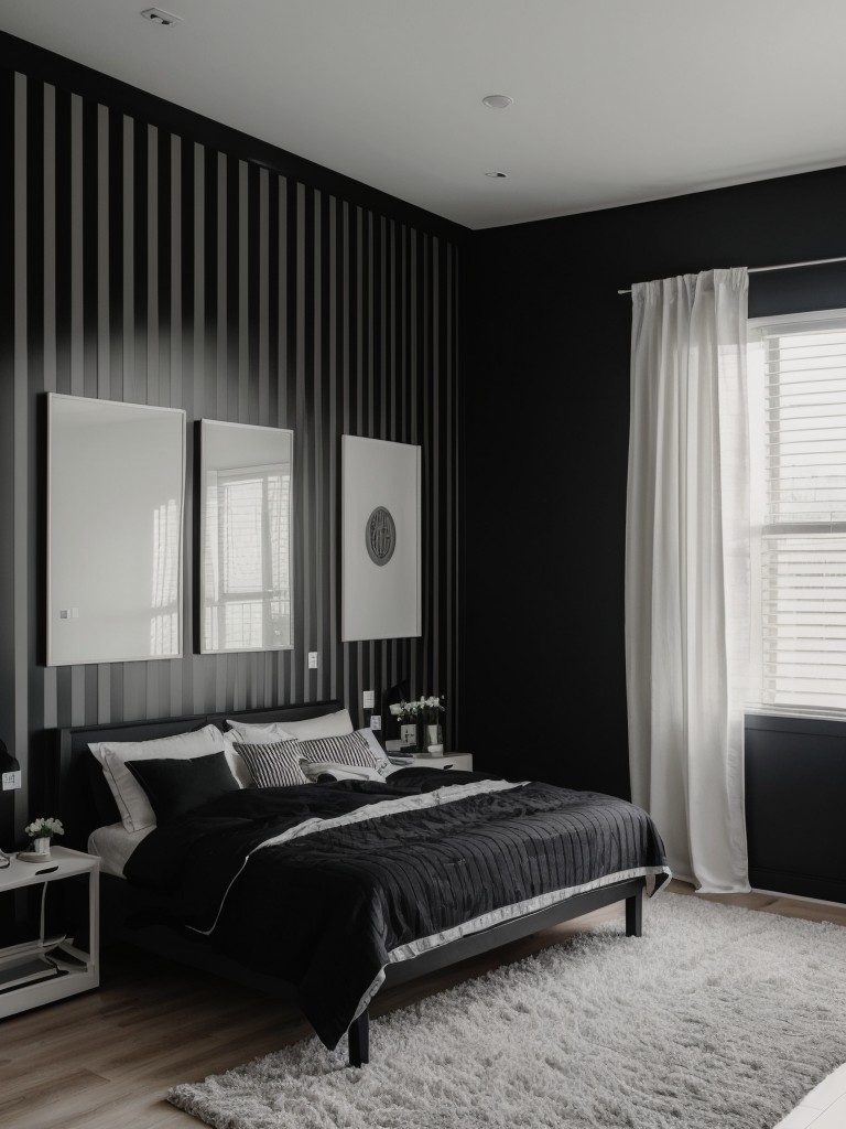 Chic & Cozy: Black Bedroom Inspiration with Striped Accent Wall