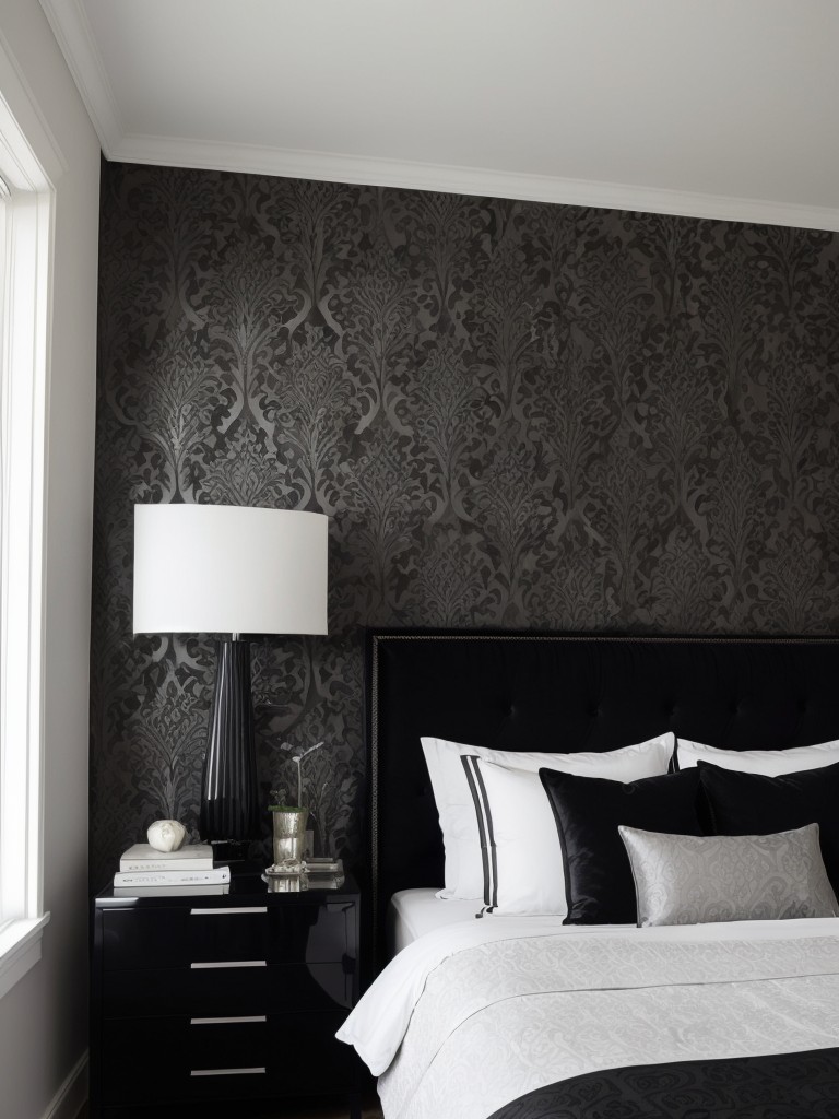 Chic Black Bedroom: Elevate your space with bold black and white wallpaper!