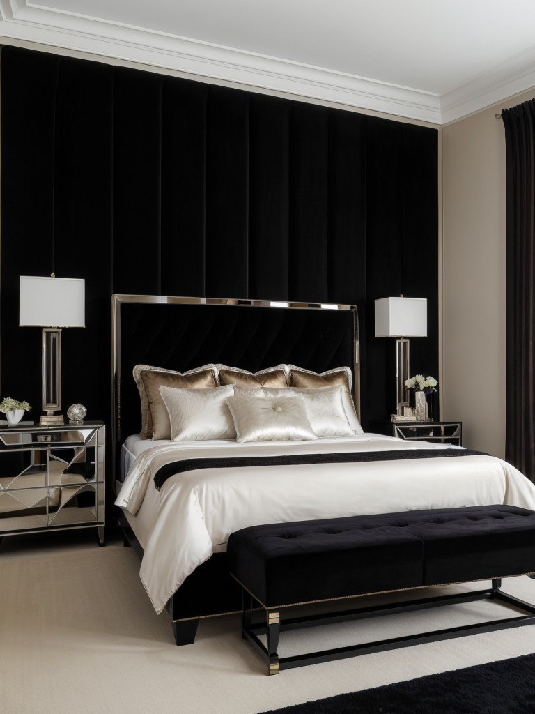 Luxurious Black Bedroom Design: Plush Velvet & Mirrored Accents