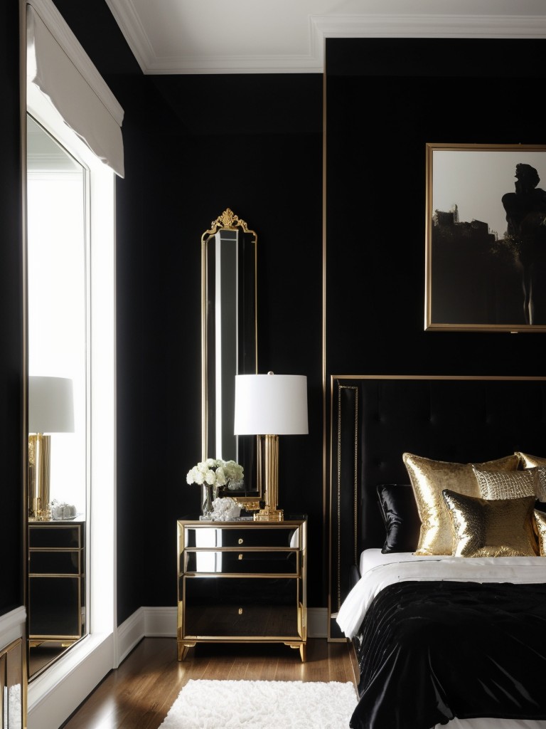 Luxury meets darkness: Black-themed bedroom décor with metallic accents!