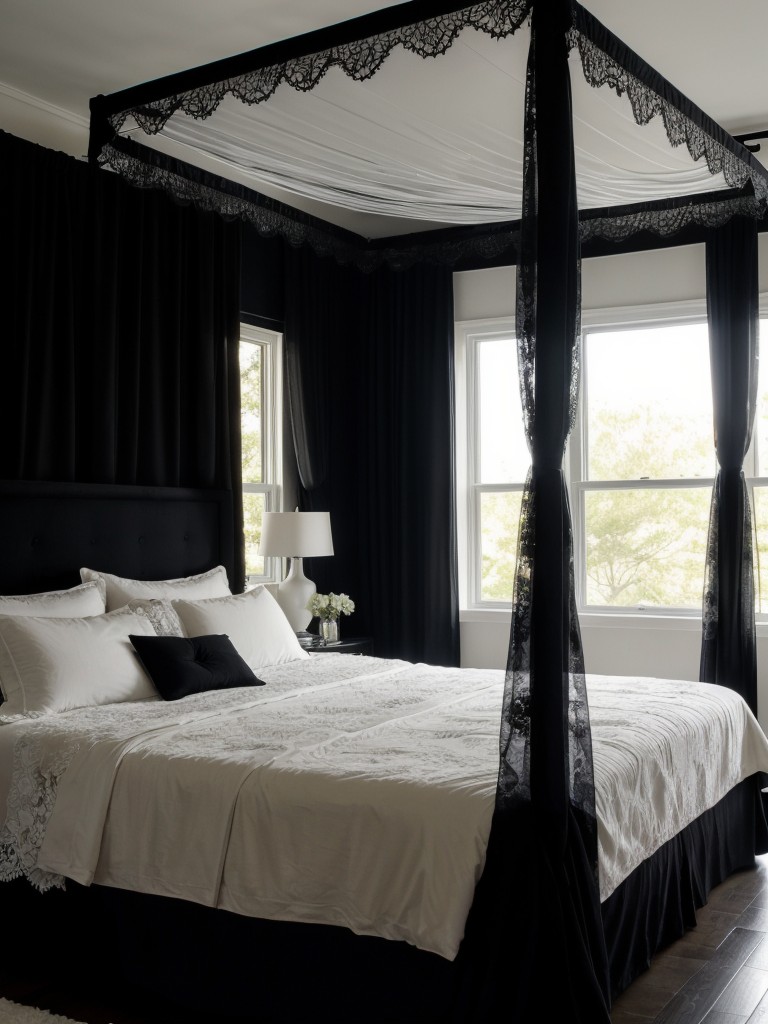 Romantic Black Bedroom Decor: Add a Lace Canopy or Draped Curtains for Alluring Charm!