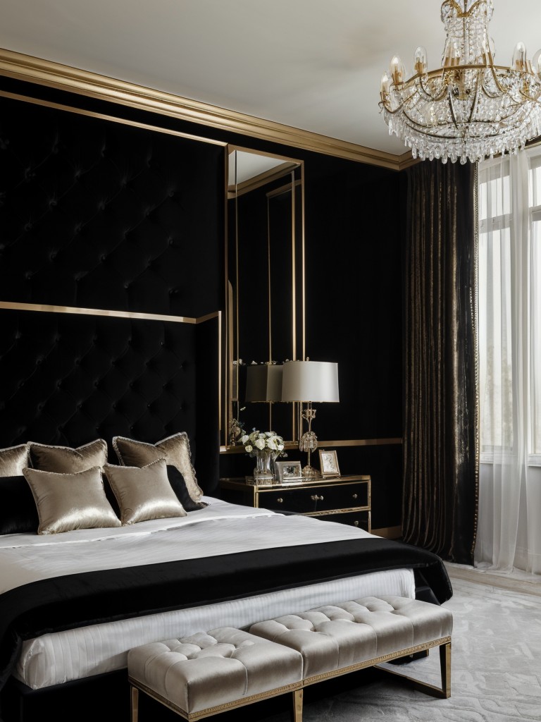 Opulent Black Bedroom: Luxurious Design with Velvet Bed & Crystal Chandeliers