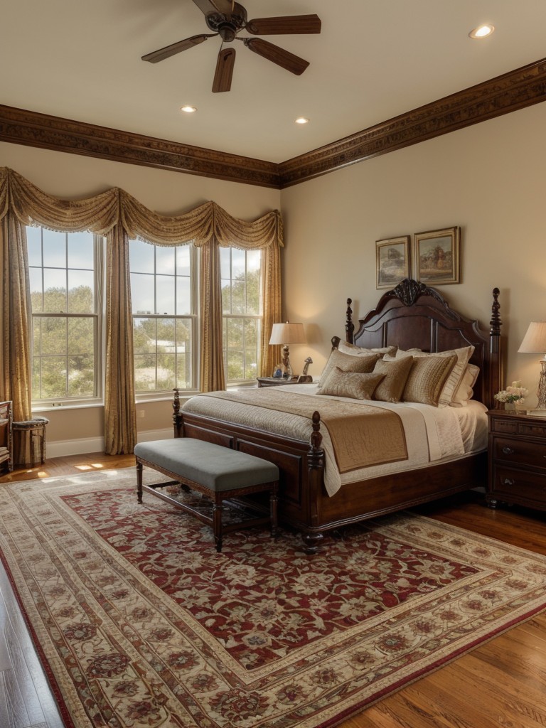 Regal bedroom vibes with traditional rugs for warmth and style!