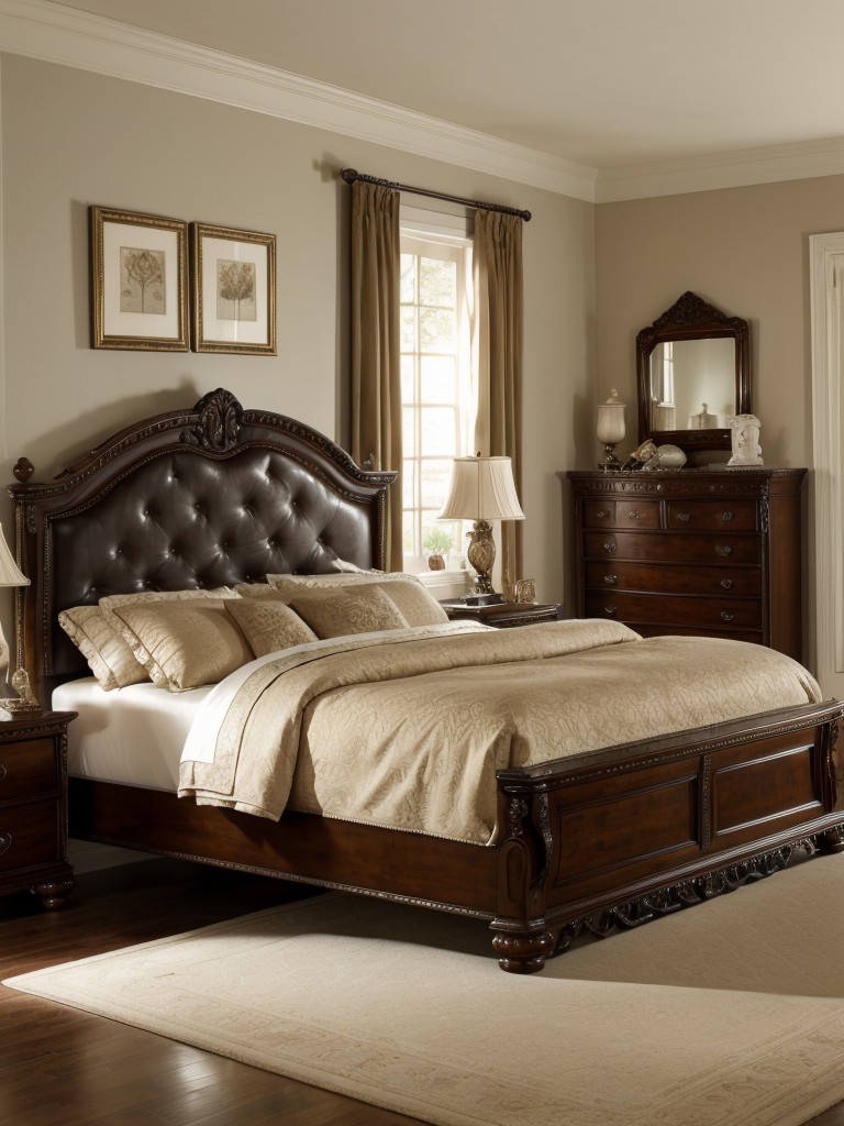 Regal Bedroom Decor: Tufted Headboard & Ornate Furniture