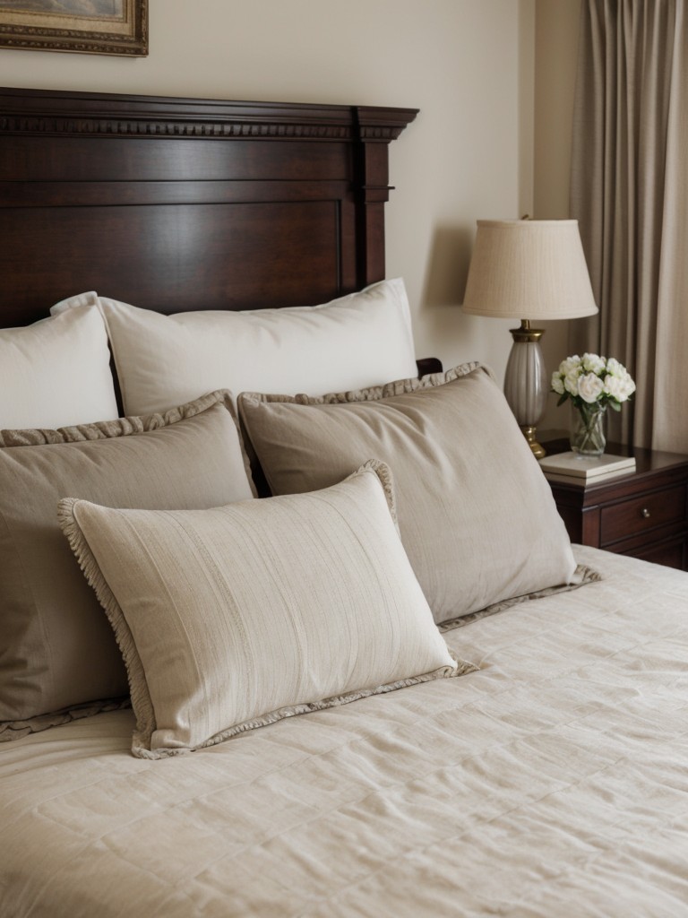 Regal Bedroom: Plush Pillows and Layers for Classic Charm!