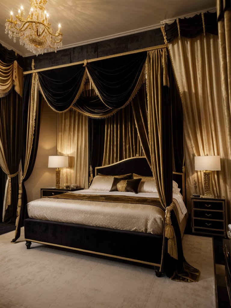 Regal Black Bedroom: Create Luxurious Ambiance with Canopy Bed & Velvet Fabrics!