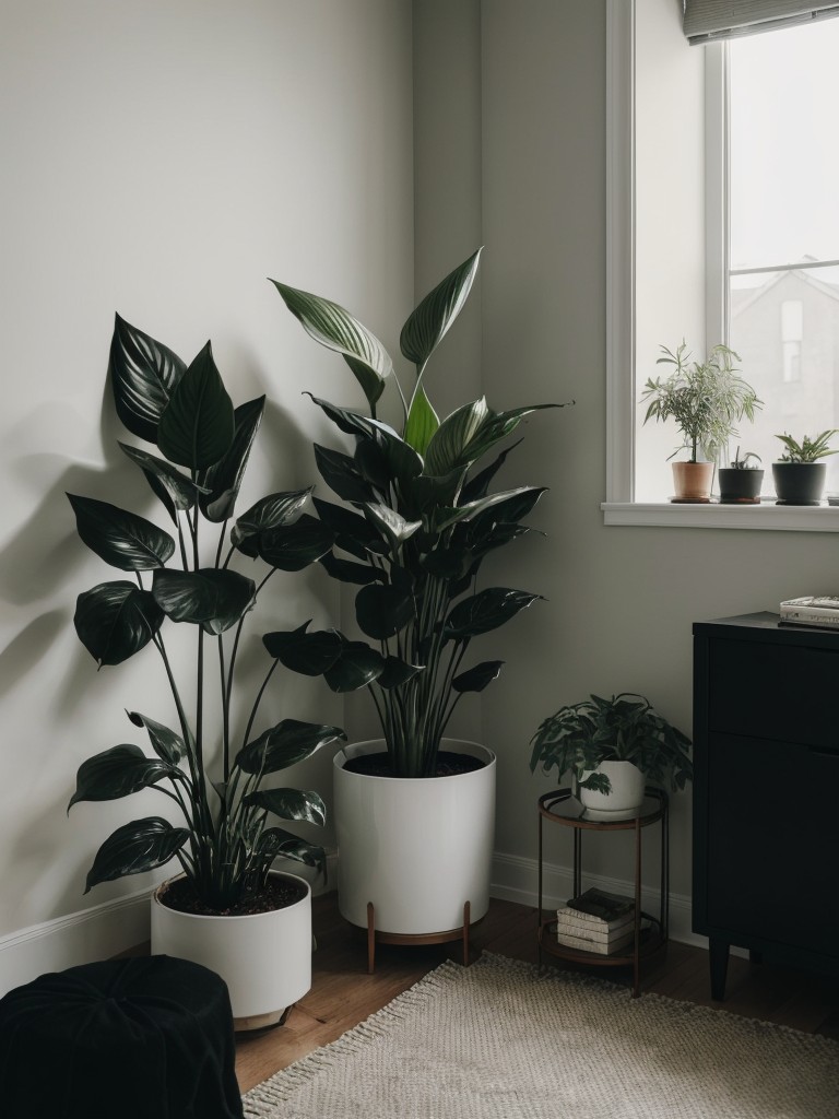 Black Bedroom Bliss: Serene Atmosphere with Houseplant Power!