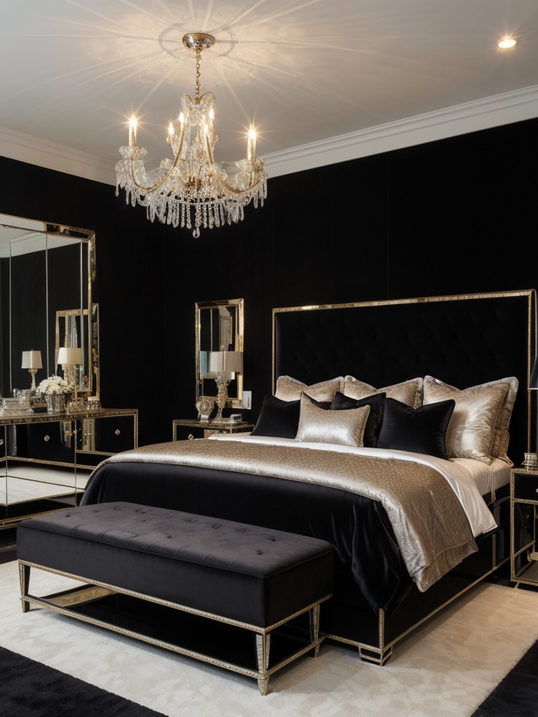 Black Magic: Glam up your apartment bedroom with mirrored furniture, velvet accents, and more!