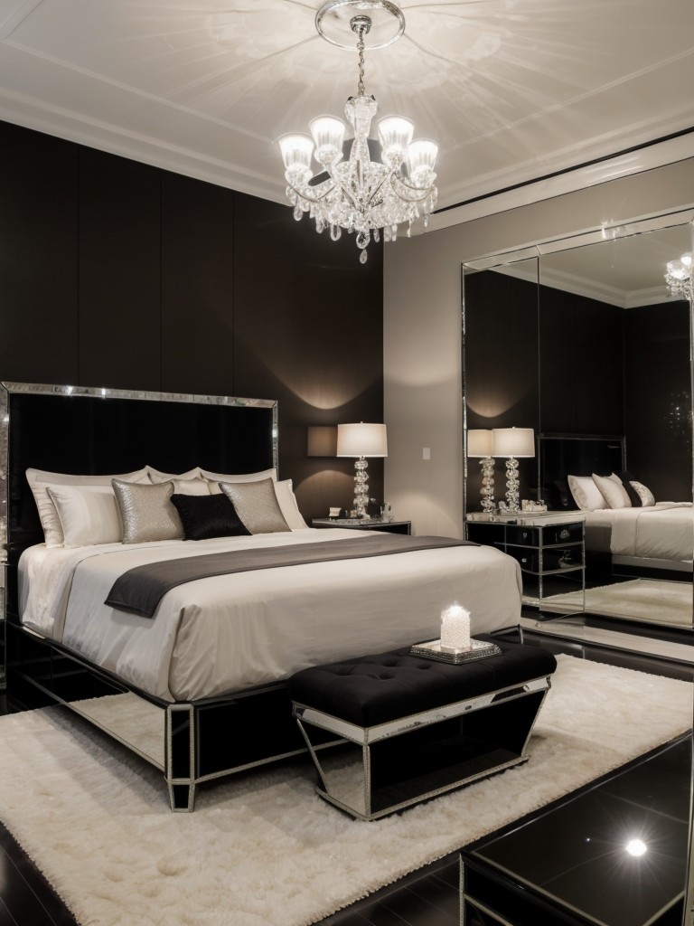 Glamorous Black Bedroom: Mirrored Furniture and Crystal Chandeliers!